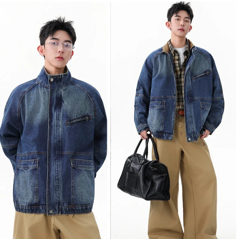 Retro Washed Stand Collar Denim Jacket Women Man n Driven Zip Up Workwear Top 251017