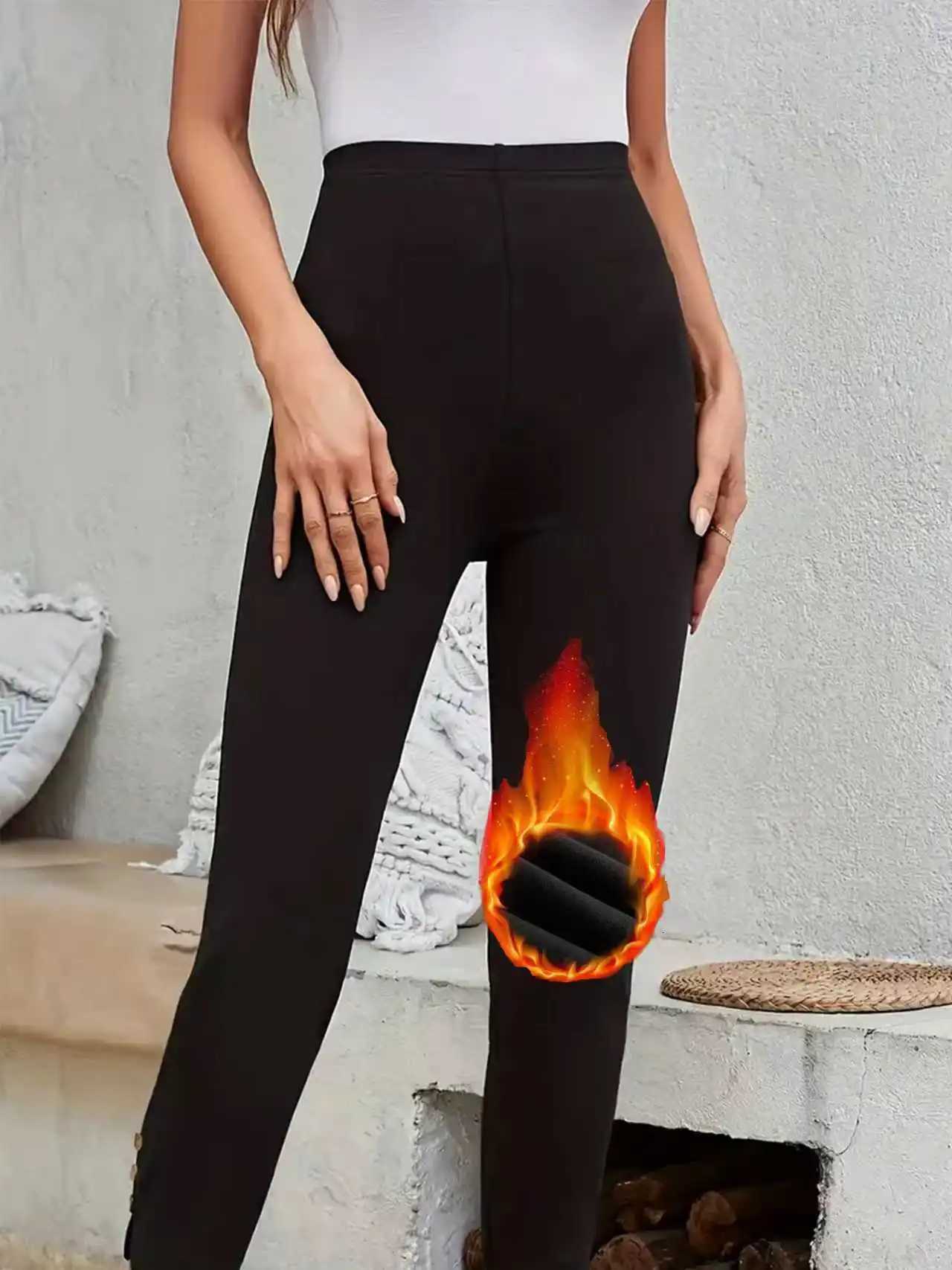 Winter Warm Fleece LinedWomens High Waist Slim Pants Black Buttoned Ankle Thermal Trousers Elastic Waist Keep WarmT251025