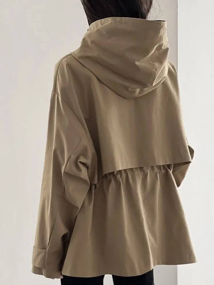Cotton Khaki Hooded Trench Women's Autumn And Winter New Short Coat Retro Casual Loose Top dongdumaoyi