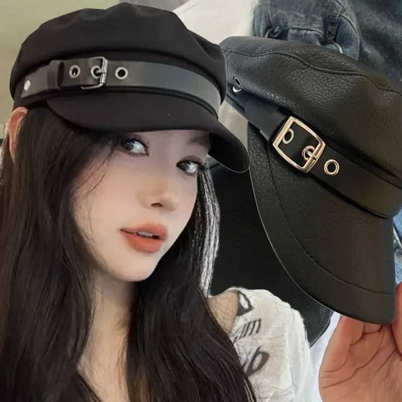 Retro Black Leather Beret Hat Wen Fashion Flat Top Painter C Small Face Hip Pop Adjustable Casual Versatile Streetwear Beret Y251025