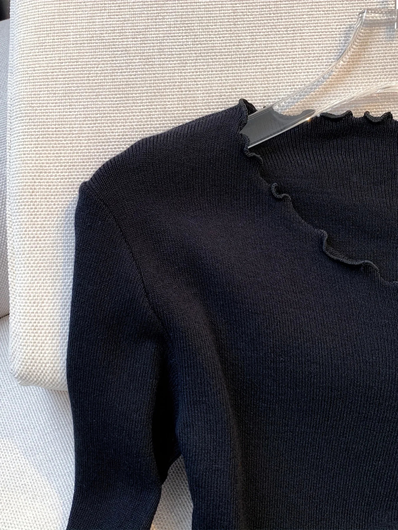 2026 BlackWhite Solid Lettuce Trim Bowknot Pullover Sweater Y2K Casual Long Sleeve Sweater For Spring Fall Womens Clothing 251020