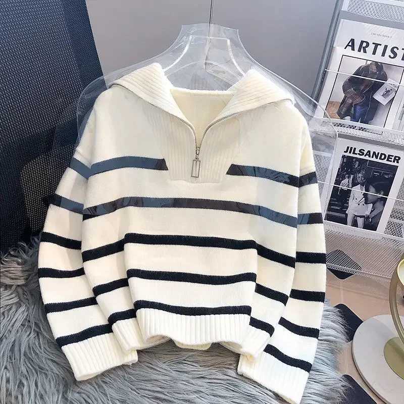 Women Stripe Sweater Autumn 2025 New Zipper Long Sleeve Popular Premium Sweater Female Winter PulloverT251025