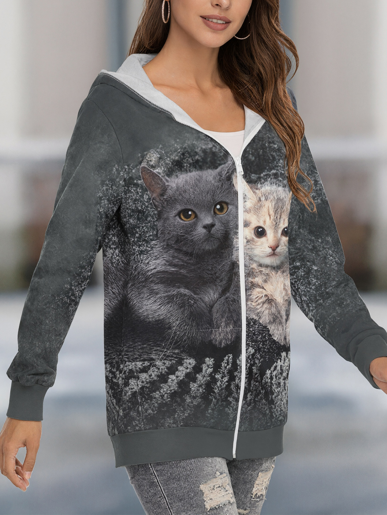 Autumn Winter New Retro Cat Printed Versatile Casual Zipper Hooded Jacket, Milk Silk Gray Hoodie, S-XXL--CF40322