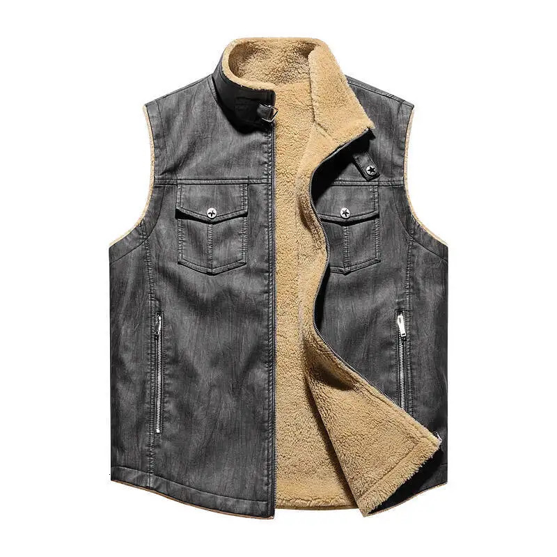 Mens Fleece Liner Fur Leather Jacket Men Sleeveless Winter Windproof Coat Man Vintage Style Thermal Male Clothes Stand Neck 4XL 251020