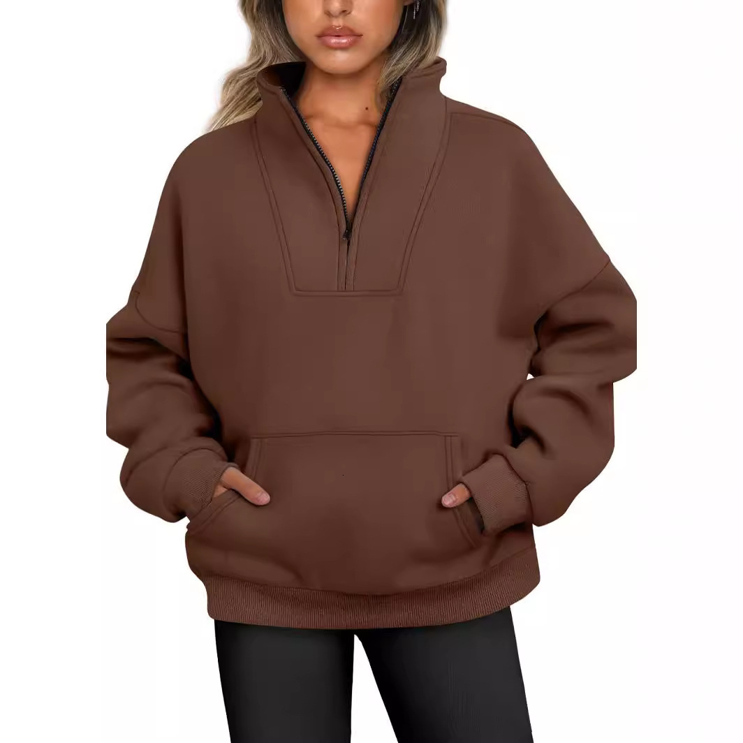 2025 Autumn Winter Stand Collar Solid Color Hoodie with Pockets and Zipper Women's Casual Loose Fleece Ribbed Top