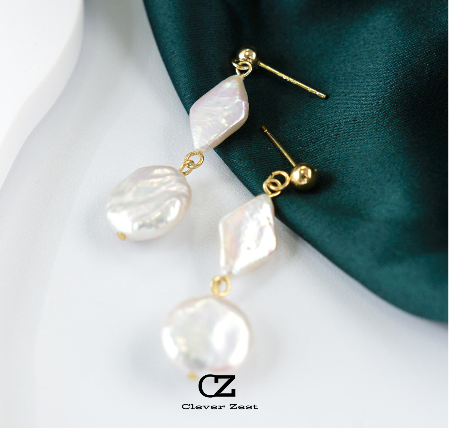 Natural White Diamond-Shaped Button Baroque Earrings 14K Gold-Filled Fashionable Versatile Trend Anniversary Gift Best Friend Gift