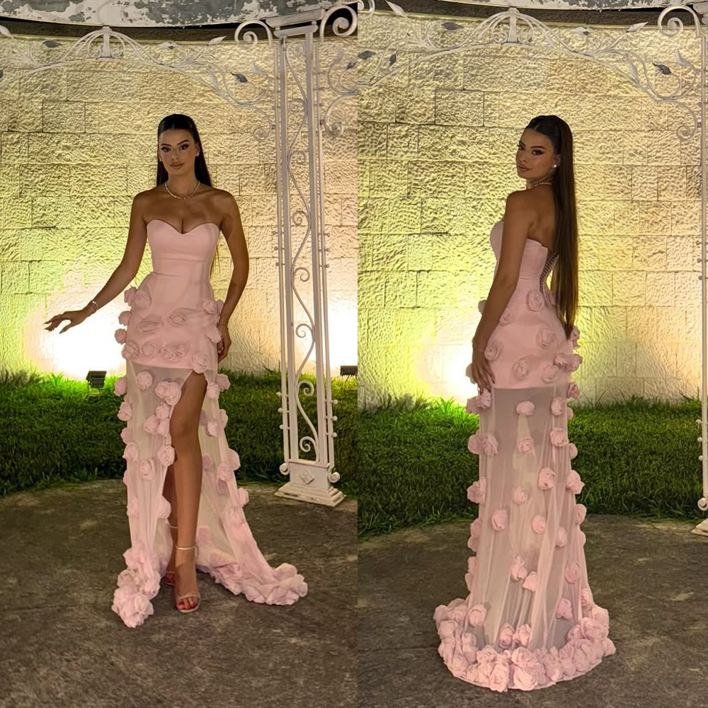 Fashion Evening Dresses 3D Flower Split Side Gown Sweetheart Neck Sleeveless Sweep Train Dress Party Customized Dress