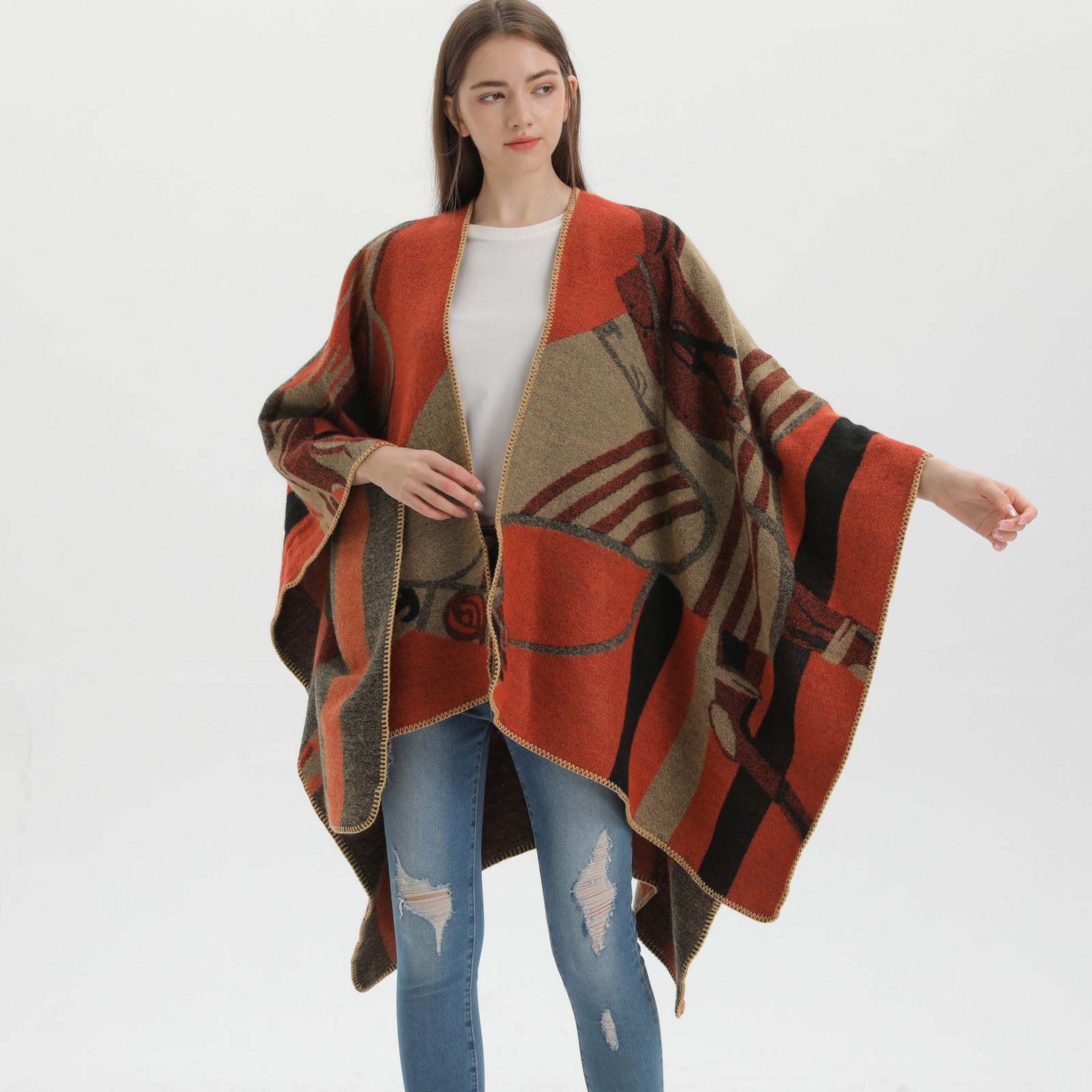 New Womens Shawl Fashion Thickened Imitation Cashmere Split Cape Runway Outerwear