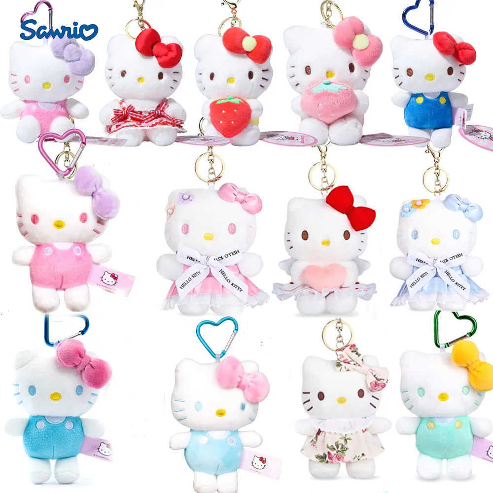 Sanrio Cute Women Hello Kitty Bag Pendant Pink Bow Cat Strawberry Plush Doll Charm Keychain Student Backpack Accessories Girl Gifts H251202