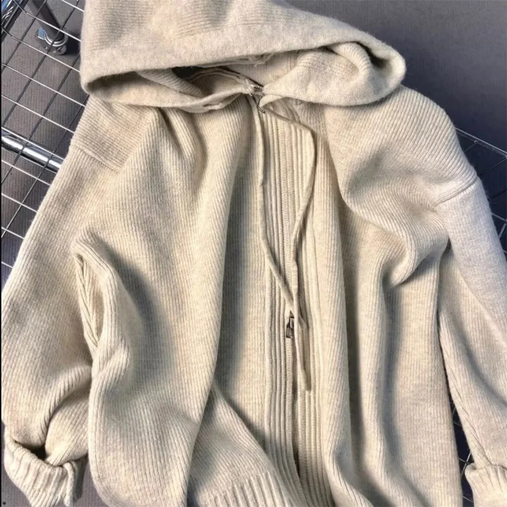 Korean Gray Hood Sweater Outerwear Women Loose Spring Autumn and Winter Outdoor Thickened Knitted Double Zipper Hoodie Coats 251013