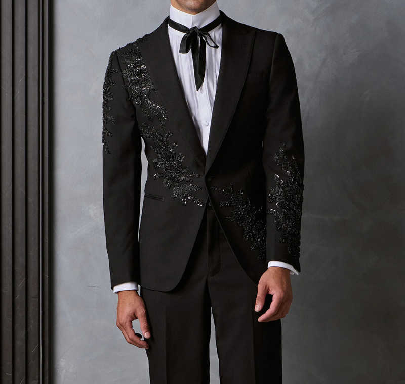 Customized Elegant Embroidery Beads Men Suits Slim Fit Peak Lapel Groom Tuxedos 2 Pieces Sets Male Blazers Casual Ropa Hombre