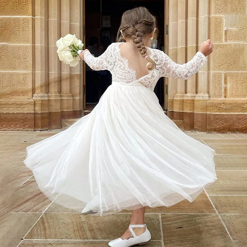 Summer Elegant Flower Girl White Wedding Lace white girl long dress Sleeve Mesh Girl Princess Dress backless girls aged 812 251023