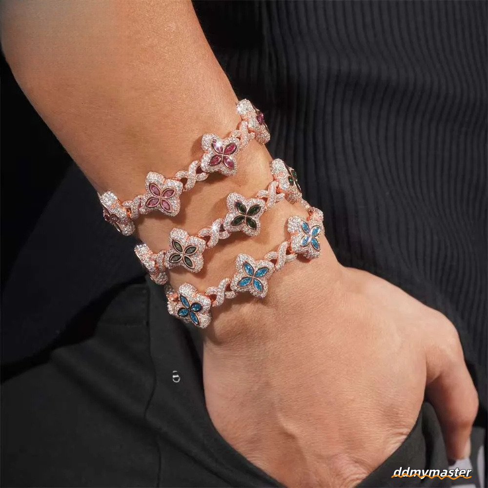 Rich Color Flower Design 18Mm Custom Iced Out Hip Hop Unisex Jewelry Cuban Link Chain Sier VVS Moissanite Bracelet Ddmymaster