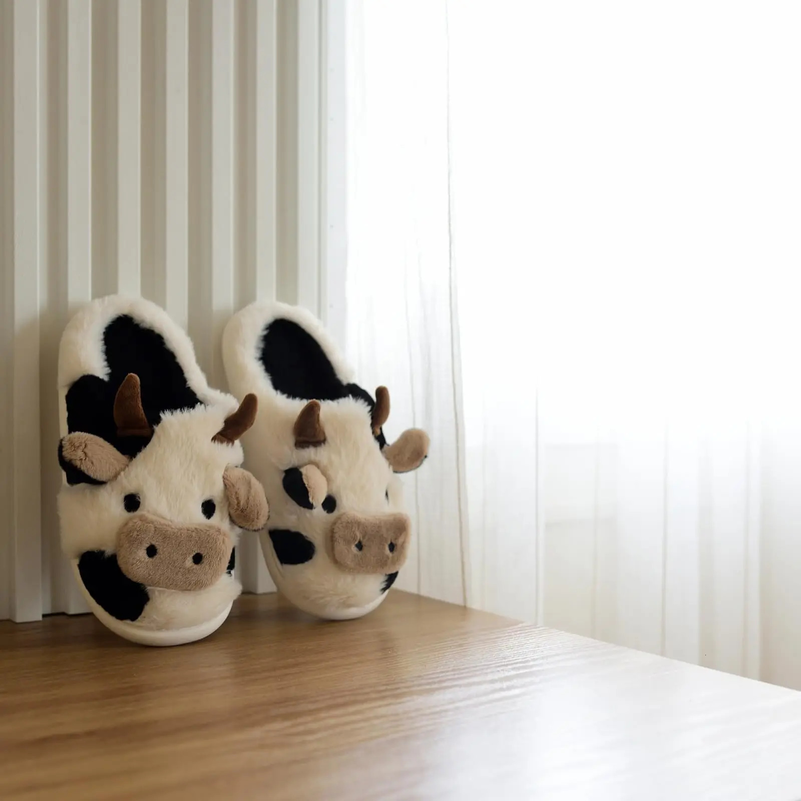 Shevalues Plush Cartoon Milk Cow Slippers Winter Women Slippers Furry NonSlips Women Cotton Slides Couples Soft Cozy Flat Shoes251020