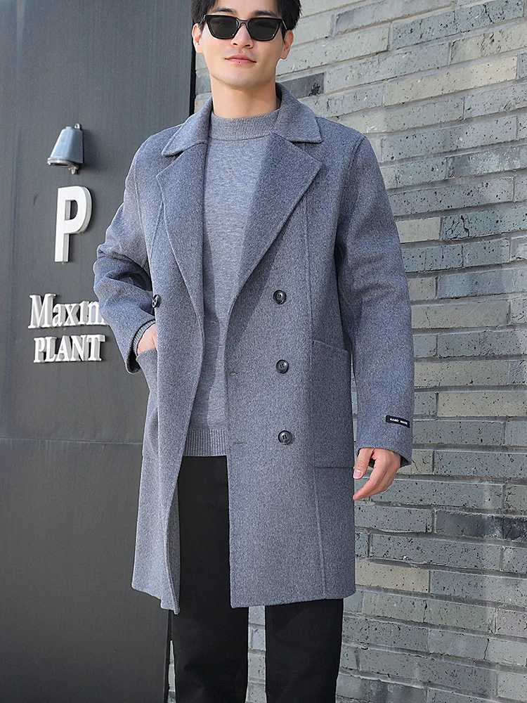100 Merino Wool DoubleSided Coat Mens Suit Collar DoubleBreasted Coat Handmade Long HighStreet Business Top With PocketT251025