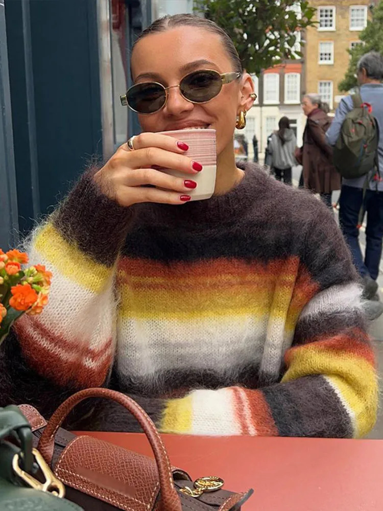 Casual Striped Knitted Fuzzy Sweater Women Cozy Loose Colorful Oneck Full Sleeves Pullover Sweaters Female Autumn Chic Lady Top 251023