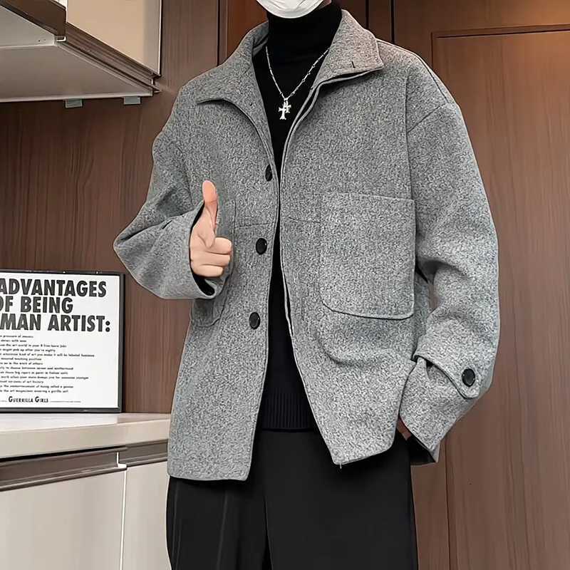 Korean Fashion Mens Wool Blend Coat Single Breasted Pea Coat Trench OvercoatT251025