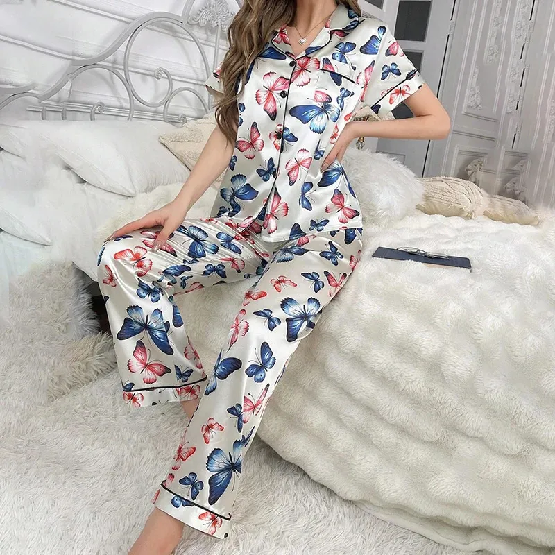 2025 New Fashion Satin womens sleepwear printed sleepwear autumn home clothing soft and comfortable short sleeved tops and pants womens sleepwear