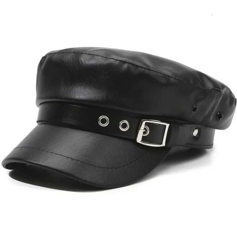 Spring and Autumn Versatile Beret Retro Flat Top Sunshade Hat Fashion Leather Fishermans Hat Solid Color Leather Wens Hat Y251025