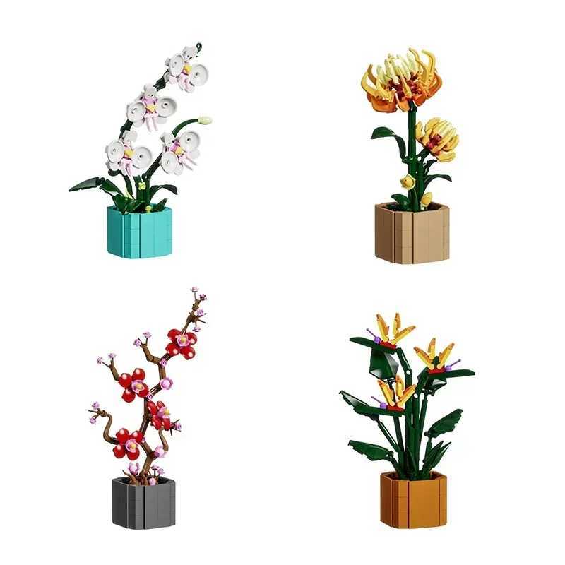 NEW 4pcsfamily Sunflower Potted House Decoration Creativity MOC Model Bricks DIY Flowers Toy Building Block Gifts for Kids Girls C251023