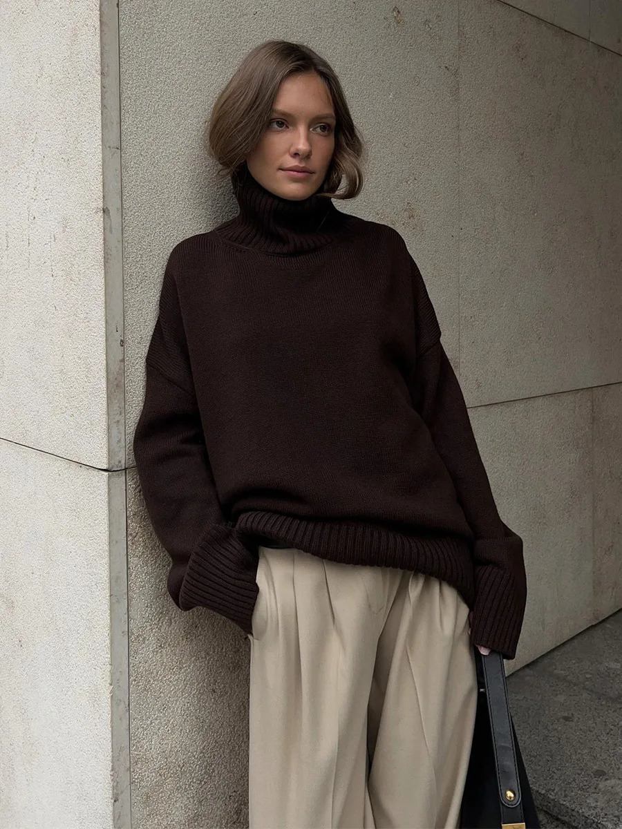 Blubelle Autumn Winter Womens Oversized Turtleneck Sweater Casual Warm Solid Basic Loose Knitted Jumper Pullover 251023