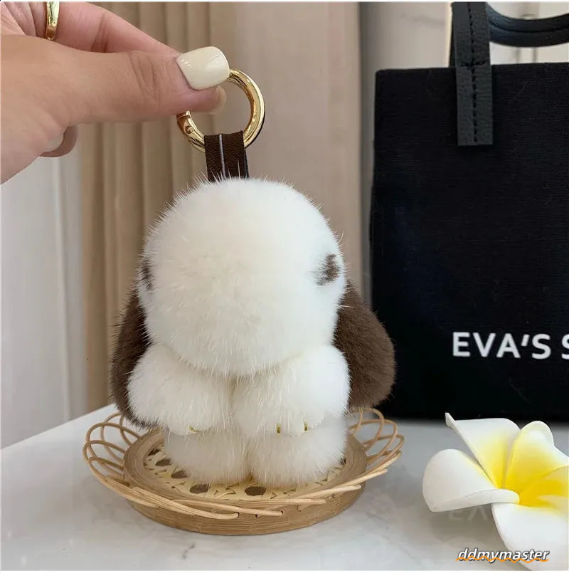Cute Long Ear Bunny Keychain Real Mink Fur Rabbit Doll Pendant Toys Keyring Handbag Charm Ornament Pompom Plush Jewelry Gifts Y240829 Ddmymaster