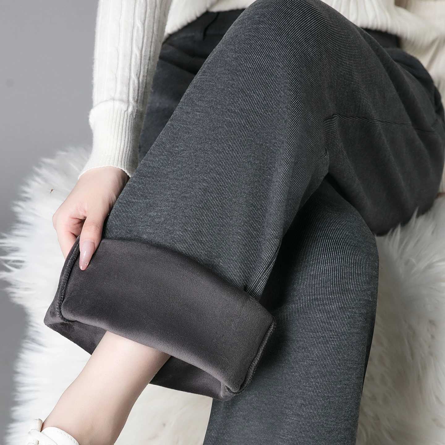 New Autumn Winter Fashionable Versatile Plus Plush Thick Warm Straight Leg Pants WomenS Casual High Waisted Wide Leg TrousersT251025