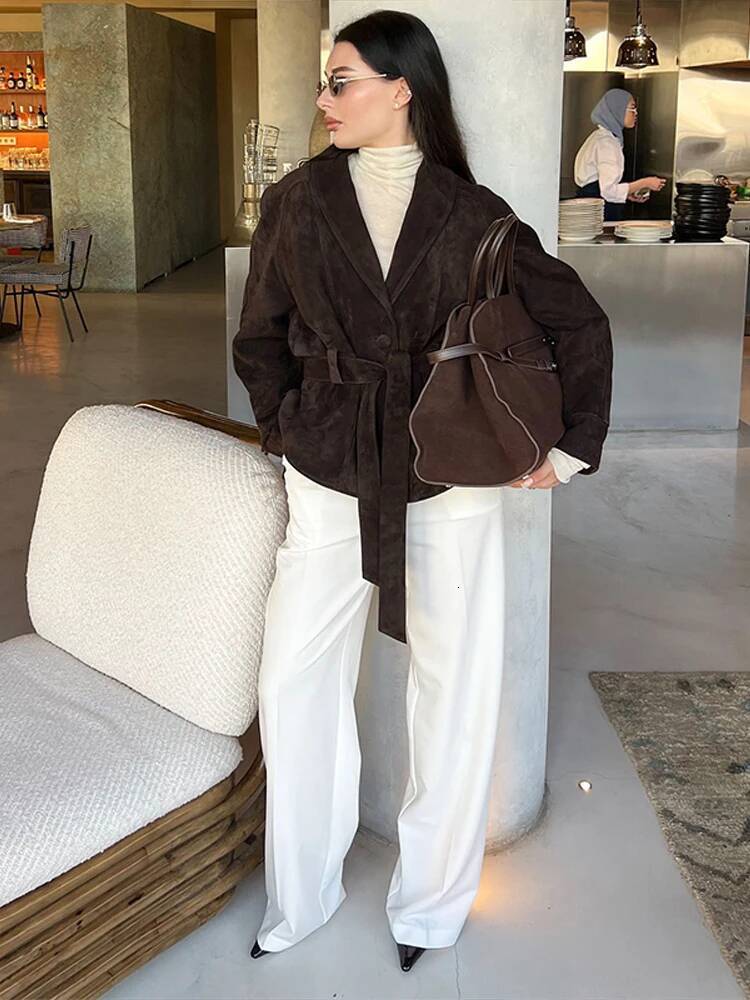 Vintage Suede Jackets Women Loose V Neck One Button Long Sleeves Belt Coat Female 2025 Autumn Fashion Solid High Street Outwears dongdumaoyi