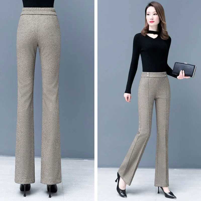 Velveteen Lined Woolen Flare Suit Pants Slim Winter Elastic High Waist Office Elagant Casual Pantalones Classic Women SpodnieT251025