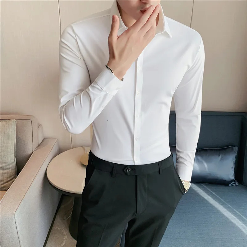 Plus Size 4XLM High Elasticity Seamless Shirts Men Long Sleeve Top Quality Slim Casual Shirt Social Formal Dress Shirts 251023