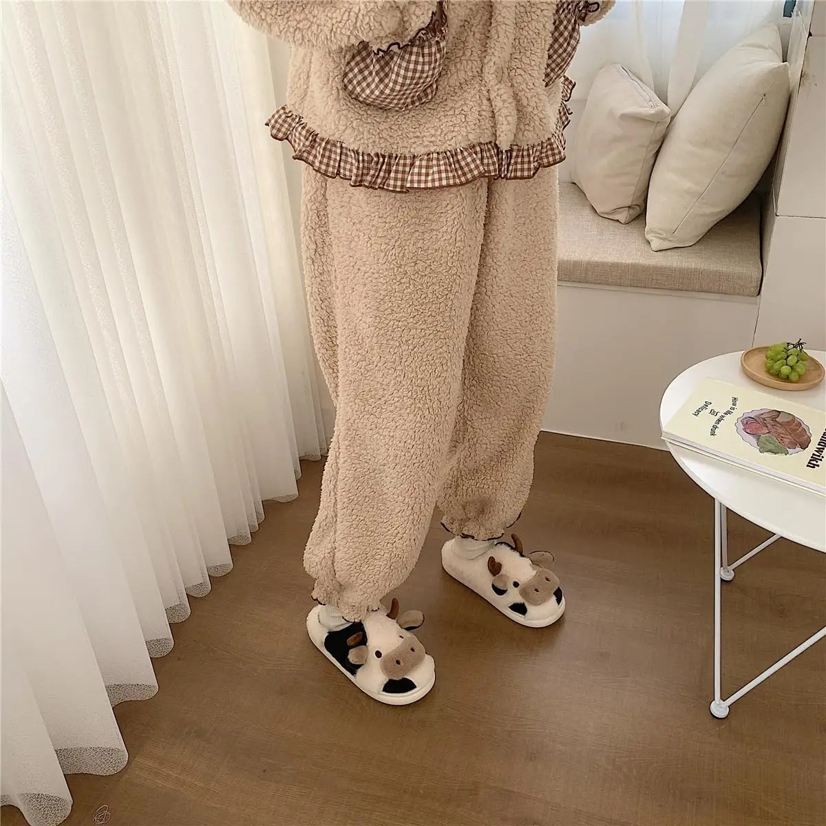 Shevalues Plush Cartoon Milk Cow Slippers Winter Women Slippers Furry NonSlips Women Cotton Slides Couples Soft Cozy Flat Shoes251020