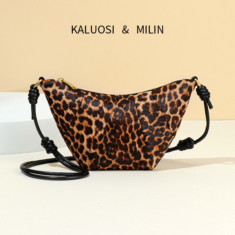 New High-End for Women French Niche Design Croissant Leopard Print Horsehair Genuine Leather Dumpling Bag