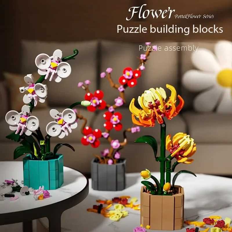 NEW 4pcsfamily Sunflower Potted House Decoration Creativity MOC Model Bricks DIY Flowers Toy Building Block Gifts for Kids Girls C251023