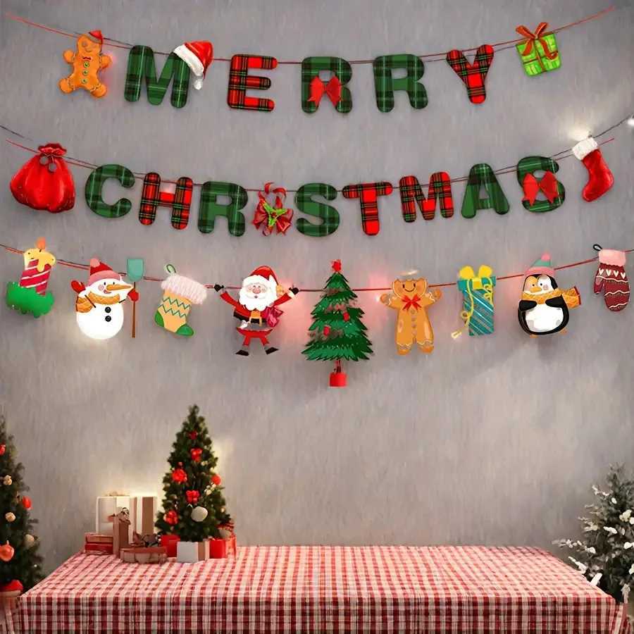 1set Merry Christmas Banners Decoration Santa Claus Snowman Paper Hanging Banner Red Green Xmax Pendant Christmas Decorations C251024