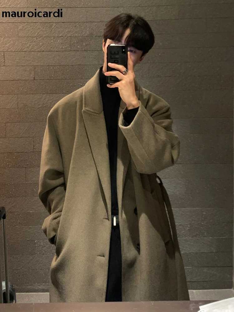 Mauroicardi Autumn Winter Long Loose Casual Black Warm Wool Blends Trench Coat Men Double Breasted Korean FashionT251025