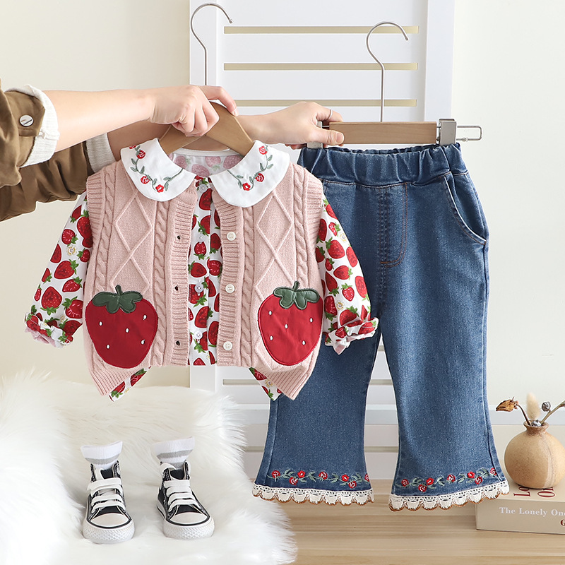 Free Shipping 2025 Girls Spring Outfit Set Strawberry Print Sweater Three-Piece Set Cute Baby Toddler Clothes Spring Fashion