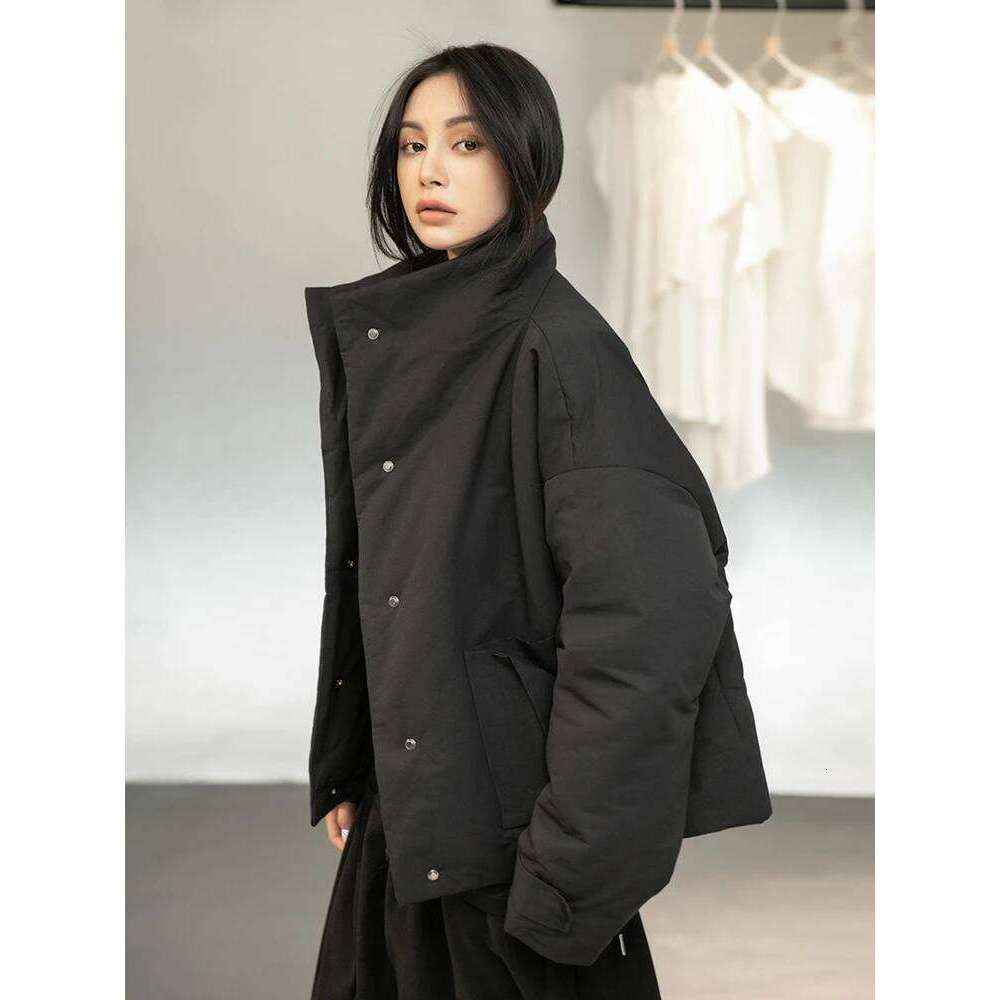Black Warm Short Stand Collar Cotton-Padded Coat Long Sleeve Loose Fit Women Parkas Fashion New Autumn Winter 2025