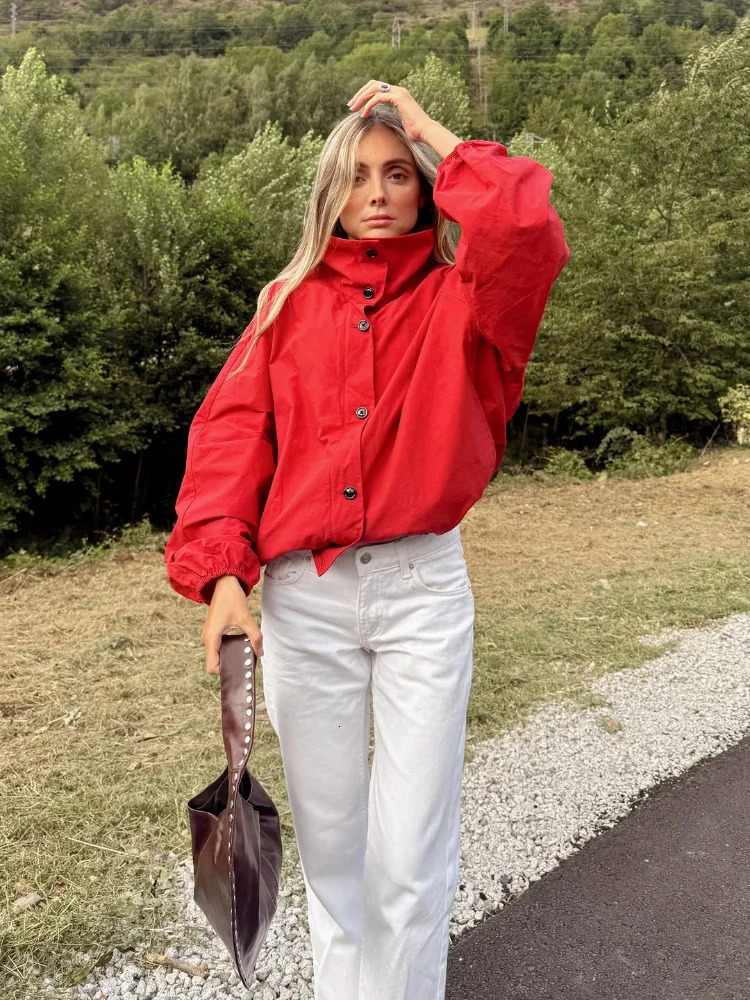 Casual Red Short Jacket Women Loose Turndown Collar Singlebreasted Long Sleeve Coats Female 2025 Autumn Fashion Lady Outwears 251015