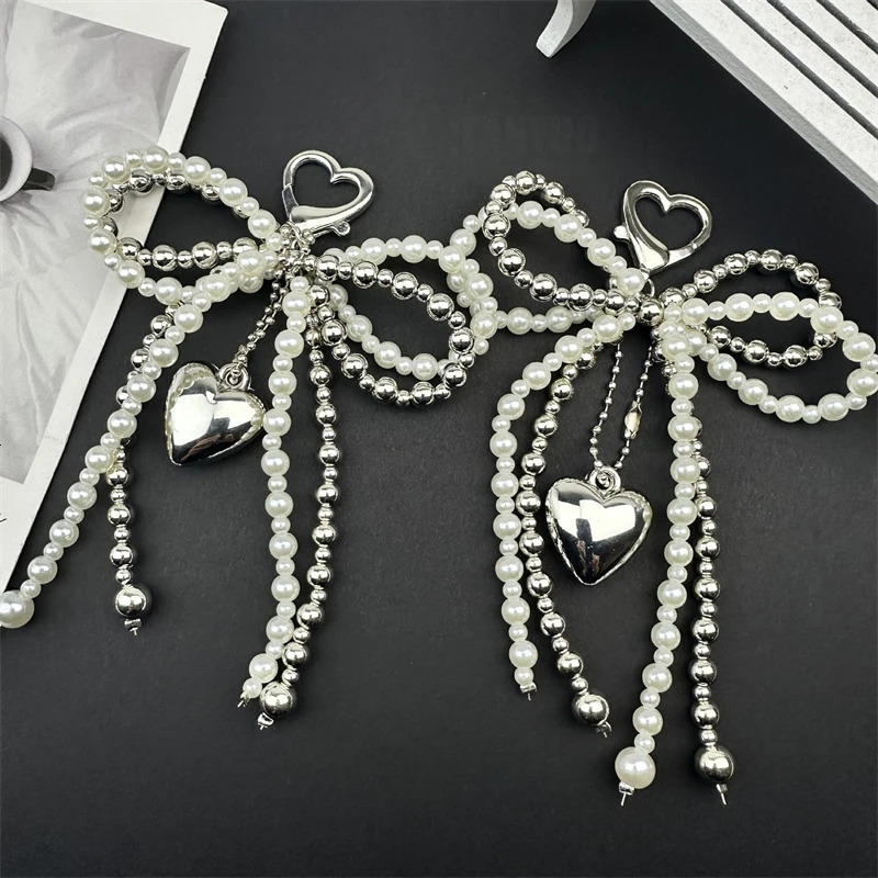 Doublelayer Sweet Lovely Beaded Bowknot Heart Keychain Pendant Hanging Decor Keyring Lanyard Phone Charm Bag Pendant Supplies 251021
