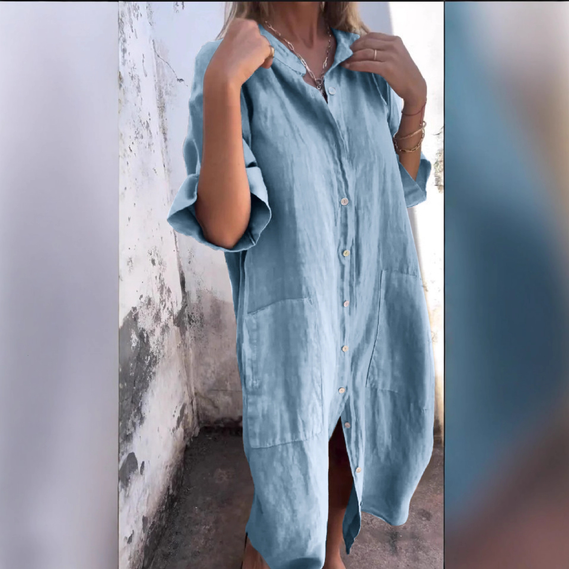 2025 New Womens Loose Fashion Casual Solid Color Half Sleeve Shirt Dress