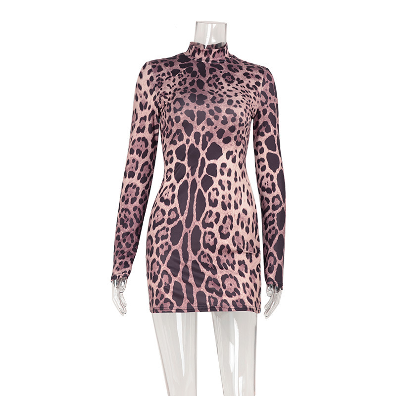 European and American designer style fashionable and sexy women's leopard print sexy tight fit new dress round neck long sleeved short skirt