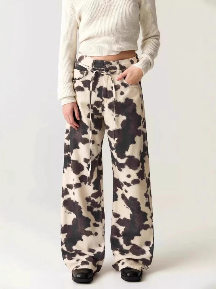 HOUZHOU Vintage Cow Print Jeans Women Y2k Baggy Hip Hop Washed Denim Trousers Grunge Retro Streetwear Wide Leg Jeans Aesthetic 251023