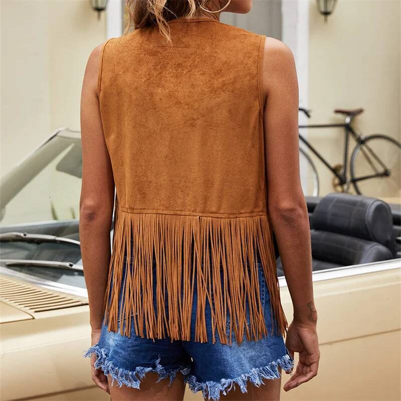 Vintage Women Tassel Vest 70s Hippie Faux Suede Rivets Sleeveless Fringe Jacket Waistcoat Streetwear S-XXXL dongdumaoyi