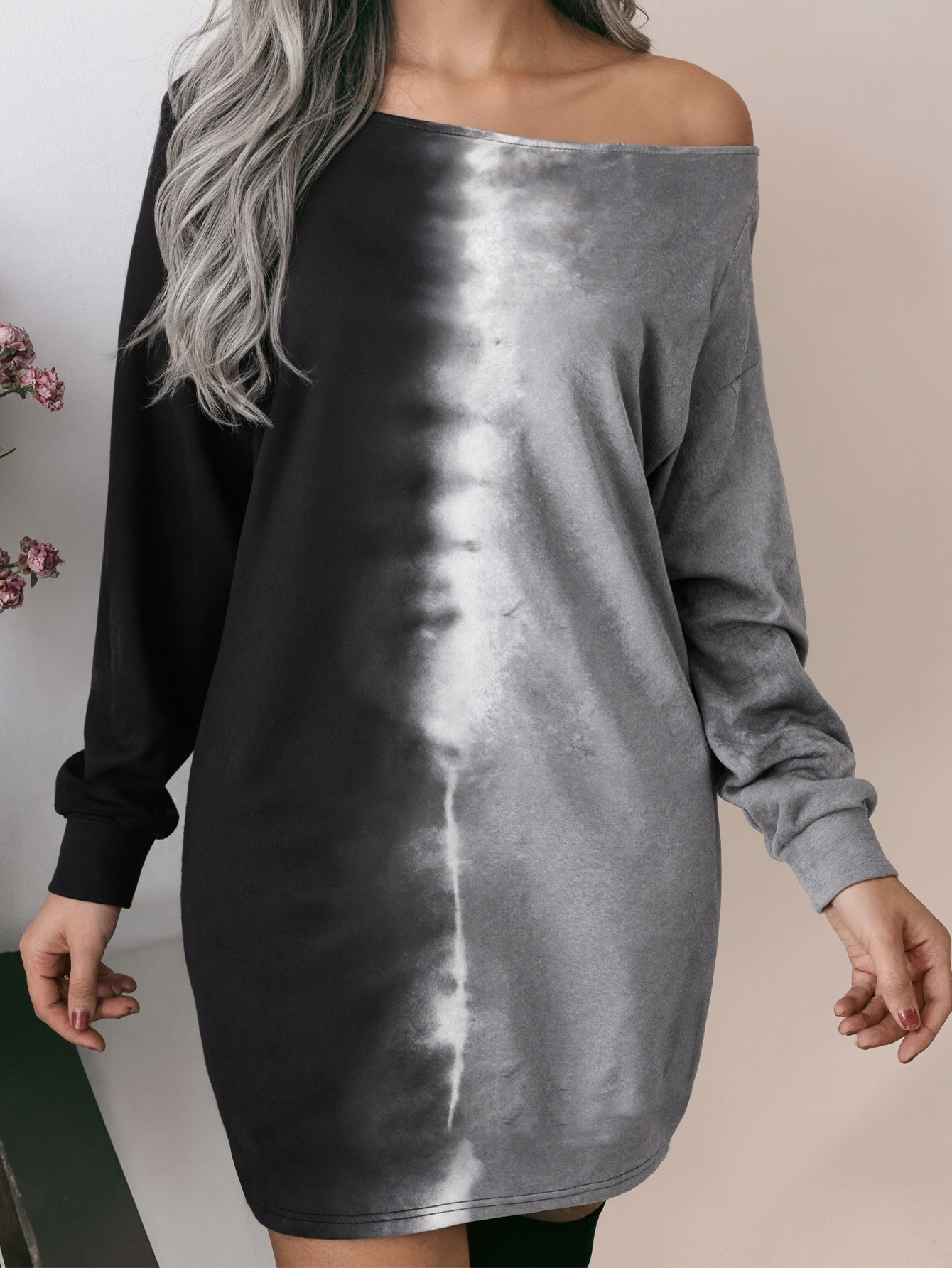 Autumn Winter New Fashion Off-Shoulder Tie-Dye Retro Women's Slim Fit Straight Dress, Milk Silk Black Gray Dress, S-XXL---CF56020