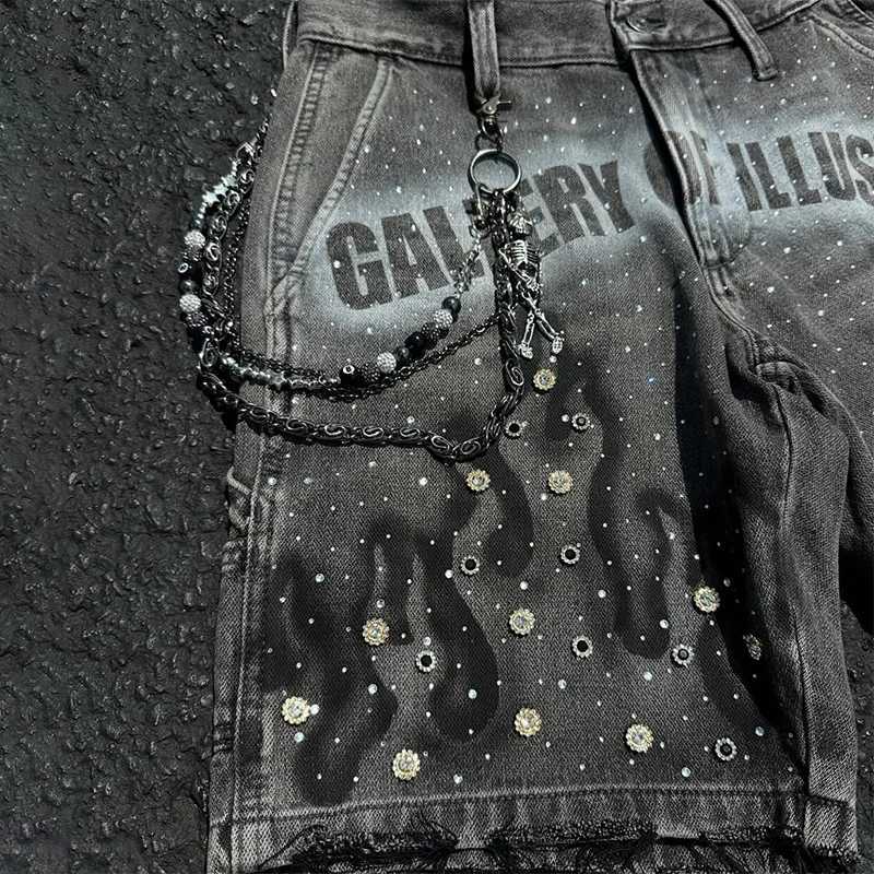 Y2K Fashion Distressed Jeans Retro Rhinestone Flame Pattern Printing Casual Washed Denim Shorts Men Women High Waist StreetwearXJ251025