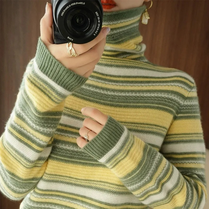 Autumn Winter Women Sweater Turtleneck Long Sleeve Warm Pullovers Fashion Stripe Knitwear Korean Bottoming Shirt Basic Jumper 251023