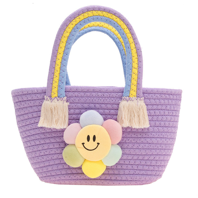 New children's handbag, cotton rope woven girl's bag, gift basket, children's shoulder bag, cartoon sunflower designer rainbow bag