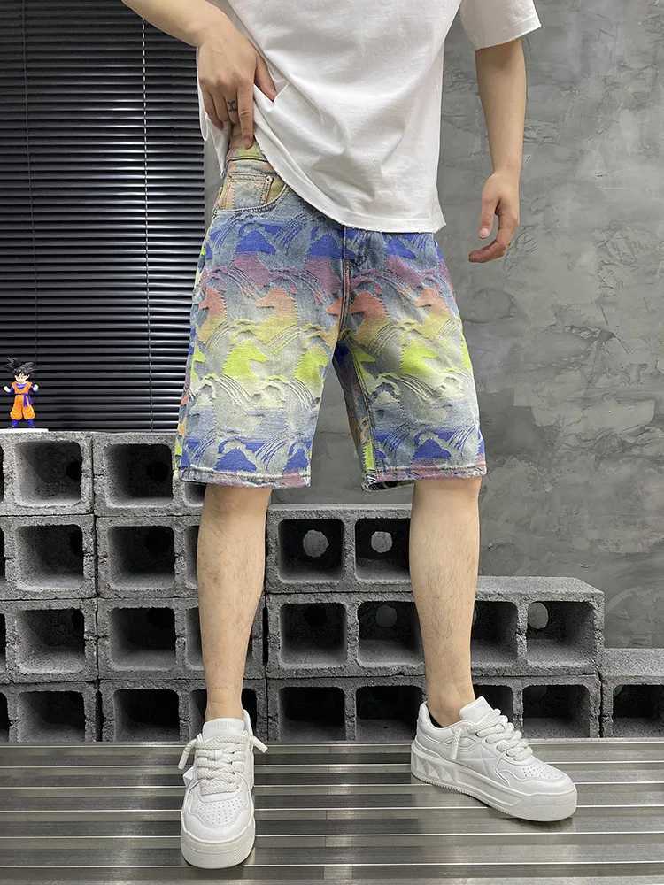 2025 Summer New Colorful Jacquard Cowboy Shorts for Men Loose Straight Fashionable High end Trendy and Five piece PantsXJ251025