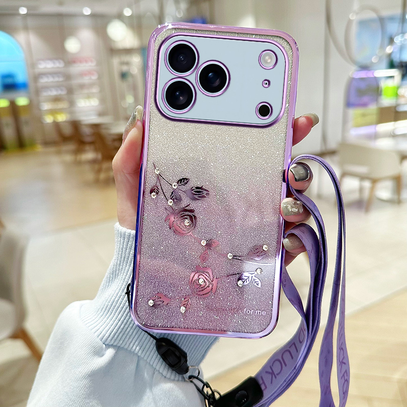 Luxury Gradient Glitter Diamond Flower Crossybody Strap Plating TPU Case For iPhone 17 Air 16e 16 15 14 13 12 11 Pro Max Samsung S25 Edge S24 FE S23 U