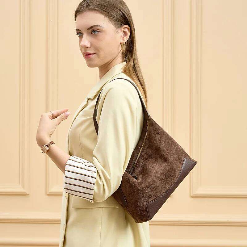 Suede Women Underarm Shoulder Bag Designer Genuine Leather Splicing Lady Commuter Handbags Winter Elegant Chic Purse 1025